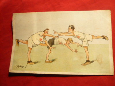 Ilustrata comica - Gimnastica ,tricou cu stea in 6 colturi ,semnata ,inc.sec.XX foto