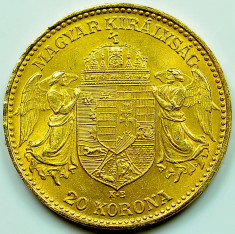 ticuzz - Ungaria 1914 KB 20 Korona - Moneda de AUR -Stema Bosnia - Rara! foto
