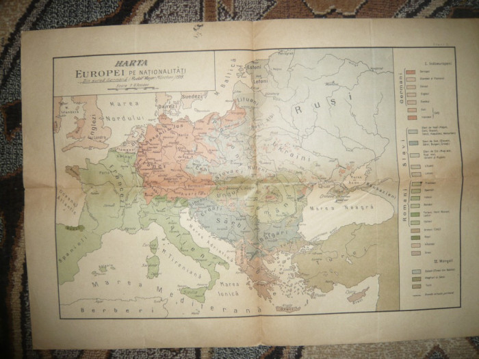 Harta Europei pe Nationalitati -Sursa germana A,Mayer 1918 , 57x39 cm
