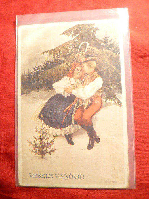 Ilustrata- Felicitare Craciun -Cuplu in Costum National Ceh ,vigneta cu valoare