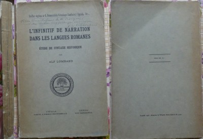 Alf Lombard , Naratiunea infinitivului in limbile romanice ,editia 1 cu autograf foto