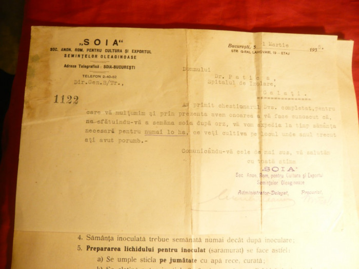 Adresa si Instructiuni pt.tratarea semintei de soia cu bacterii spec.-1935