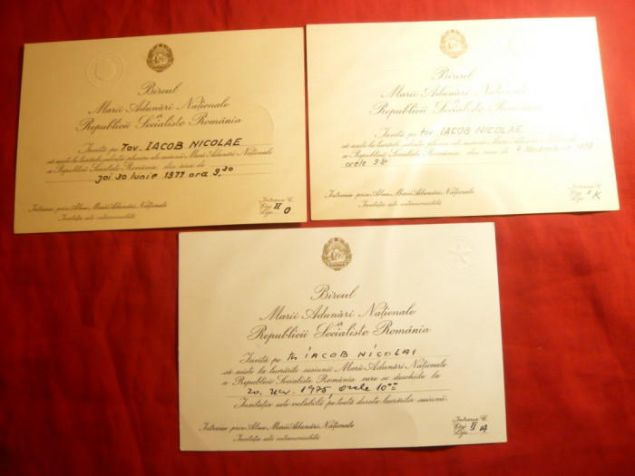 3 Invitatii emise de Biroul MAN a RSR 1970-1975-1976 , timbru sec
