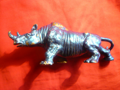 Statueta Rinocer bronz -vopsit albastru metalizat , L= 10,5 cm foto