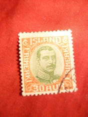 Timbru 30 aur rosu si verde 1920 Islanda , stampilat