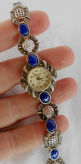 CEAS ARGINT 925 LAPIS LAZULI MARCASITE BRATARA ARGINT VINTAGE LUCRATA MINUTIOS foto