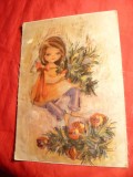Ilustrata- Felicitare- Fetita cu Flori , pe matase , 1980