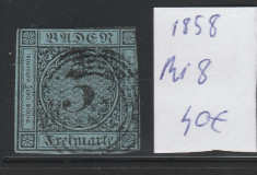 Baden - timbru stampilat nedantelat 1858, Mi nr 8 foto