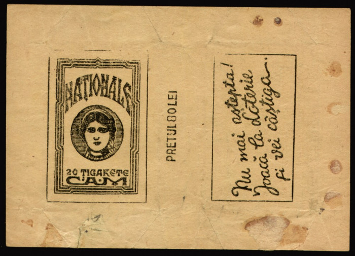 1944 Ambalaj tigari NATIONALE pachet de 80 Lei, tutun C.A.M., reclama Loterie