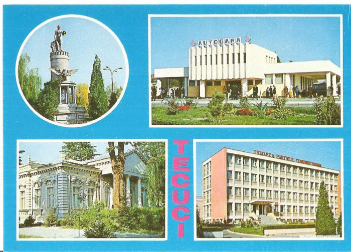 CPI (B5863) TECUCI. STATUIA CFR, AUTOGARA, MUZEUL ISTORIC, CONSILIUL MUNICIPAL