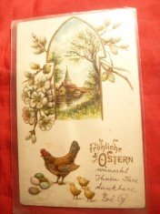 Felicitare de Pasti - Gaina cu pui si oua,circ. 1908 ,cu 5 bani Tipografiate foto