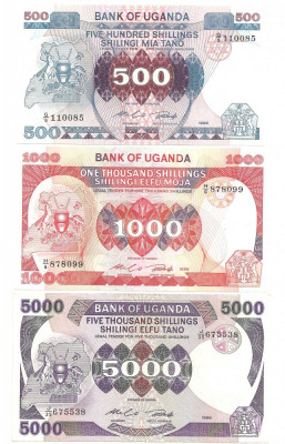 UGANDA 500, 1000, 5000 SHILLINGS 1986 AUNC, UNC foto