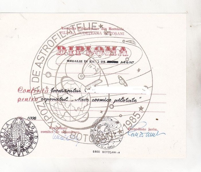 bnk fil Diploma Expo fil Astrofila Botosani 1985