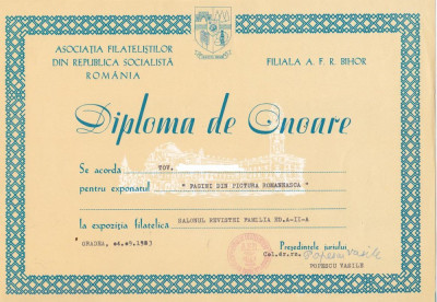 bnk fil Diploma Expo fil Salonul filatelic al revistei Familia ed II Oradea 1983 foto