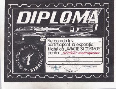 bnk fil Diploma Expozitia filatelica Avitie si cosmos Sinaia 1987 foto