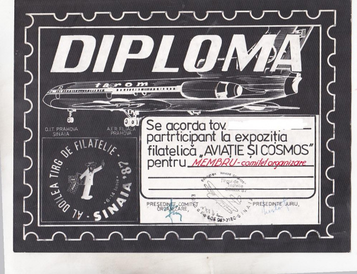 bnk fil Diploma Expozitia filatelica Avitie si cosmos Sinaia 1987