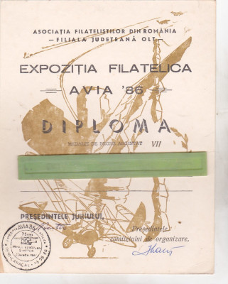 bnk fil Diploma Caracal Expozitia filatelica Avia 86 foto