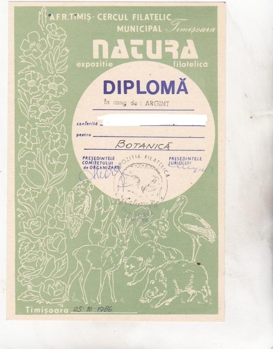 bnk fil Diploma Expo fil Natura Timosoara 1986