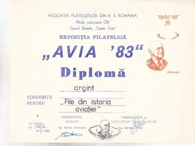 bnk fil Diploma Expozitia filatelica Avia 83 Deveselu foto