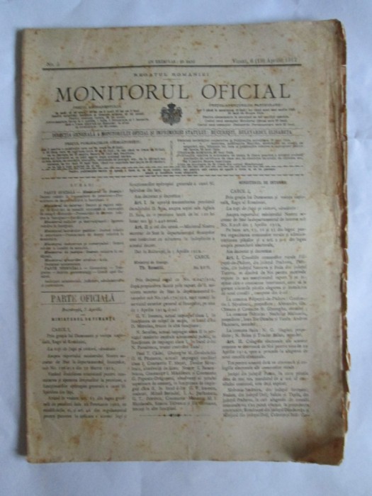 RARITATE! MONITORUL OFICIAL 6 APRILIE 1912
