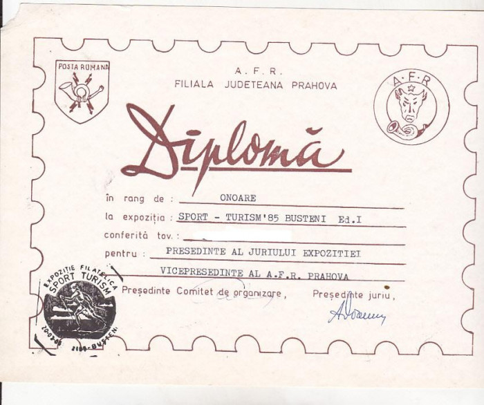 bnk fil Diploma Expozitia filatelica Sport-Turism Busteni 1985