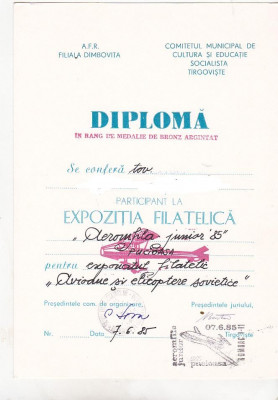 bnk fil Diploma Expozitia filatelica Aeromfila junior 85 Pucioasa foto