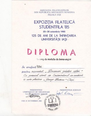 bnk fil Diploma Expozitia filatelica Studentfila 85 Iasi foto