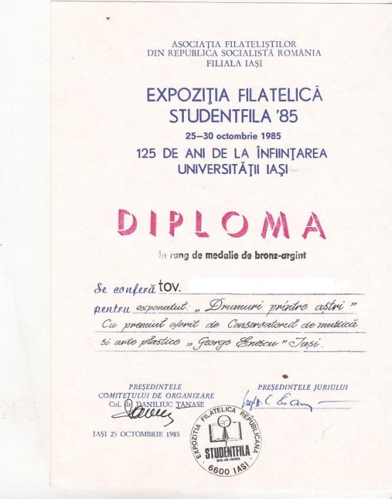 bnk fil Diploma Expozitia filatelica Studentfila 85 Iasi foto mare bnk fil Diploma Expozitia filatelica Studentfila 85 Iasi foto mare
