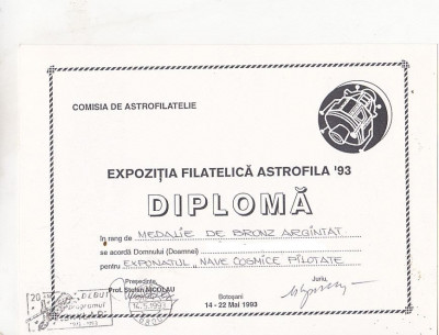 bnk fil Diploma Expozitia filatelica Astrofila Botosani 1993 foto