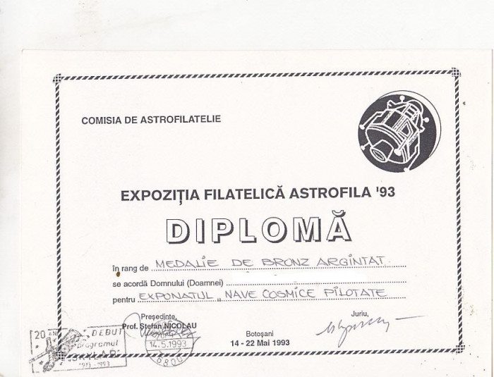 bnk fil Diploma Expozitia filatelica Astrofila Botosani 1993