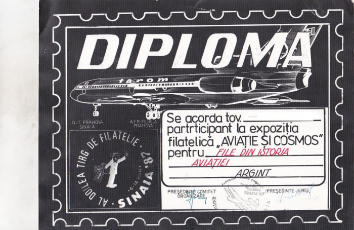 bnk fil Diploma Expozitia filatelica Sinaia 1987