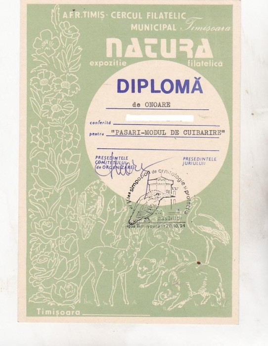 bnk fil Diploma Expozitia filatelica Natura Timisoara 1994