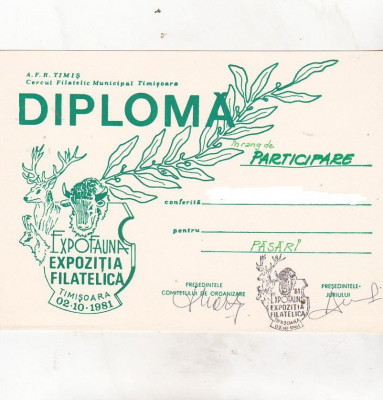 bnk fil Diploma Expozitia filatelica ExpoFauna Timisoara 1981 foto