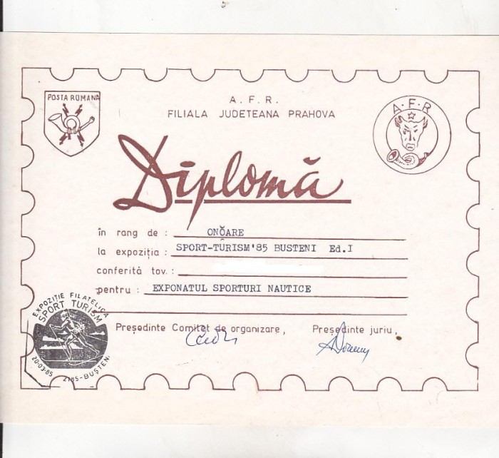 bnk fil Diploma Expozitia filatelica Sport-Turism Busteni 1985 (2) foto mare bnk fil Diploma Expozitia filatelica Sport-Turism Busteni 1985 (2) foto mare