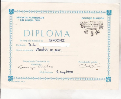 bnk fil Diploma Expozitia filatelica Natura napocensis Cluj 1990 foto