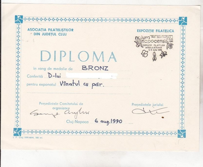 bnk fil Diploma Expozitia filatelica Natura napocensis Cluj 1990