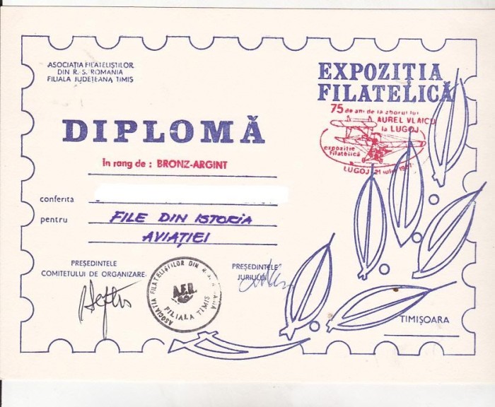 bnk fil Diploma Expo fil 75 ani zbor A Vlaicu in Lugoj 1987