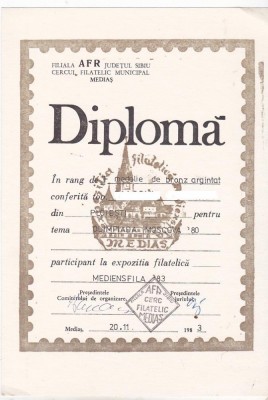 bnk fil Diploma Expozitia filatelica Mediensfila 83 Medias foto