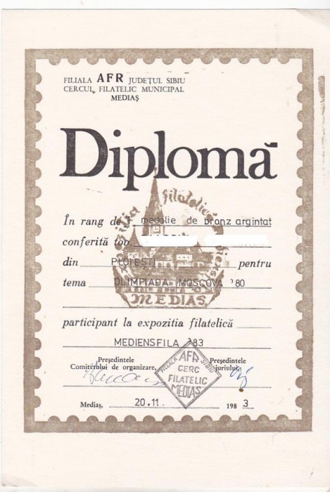 bnk fil Diploma Expozitia filatelica Mediensfila 83 Medias