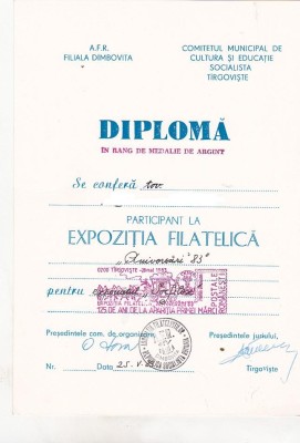 bnk fil Diploma Expozitia filatelica Aniversari 83 Targoviste foto