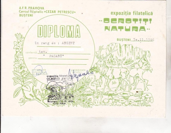 bnk fil Diploma Expozitia filatelica Ocrotiti natura Busteni 1986