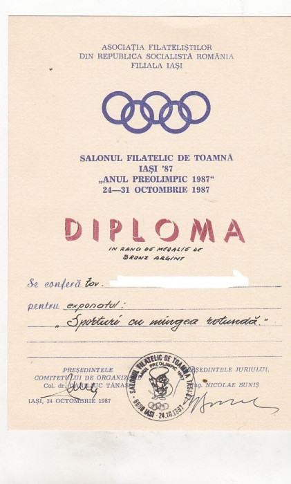 bnk fil Diploma Expozitia filatelica Anul preolimpic 1987 Iasi