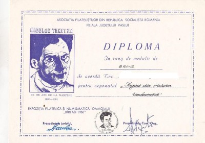 bnk fil Diploma Expozitia filatelica N Tonitza 100 ani nastere Birlad 1986 foto
