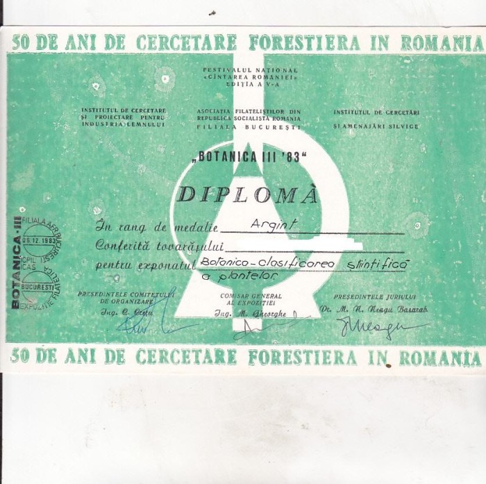 bnk fil Diploma Expozitia filatelica Botanica III Bucuresti 1983 (2)