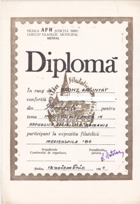 bnk fil Diploma Expozitia filatelica Mediensfila 84 Medias foto