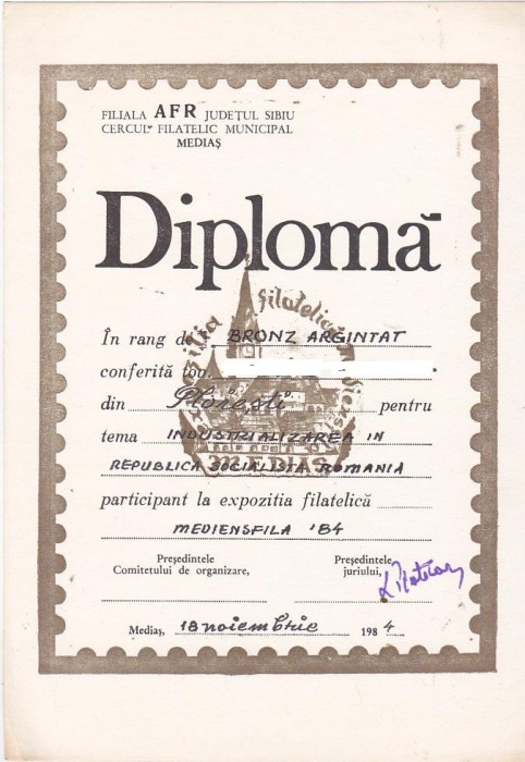 bnk fil Diploma Expozitia filatelica Mediensfila 84 Medias foto mare bnk fil Diploma Expozitia filatelica Mediensfila 84 Medias foto mare