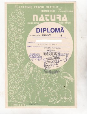 bnk fil Diploma Expozitia filatelica Natura Timisoara 1994 foto