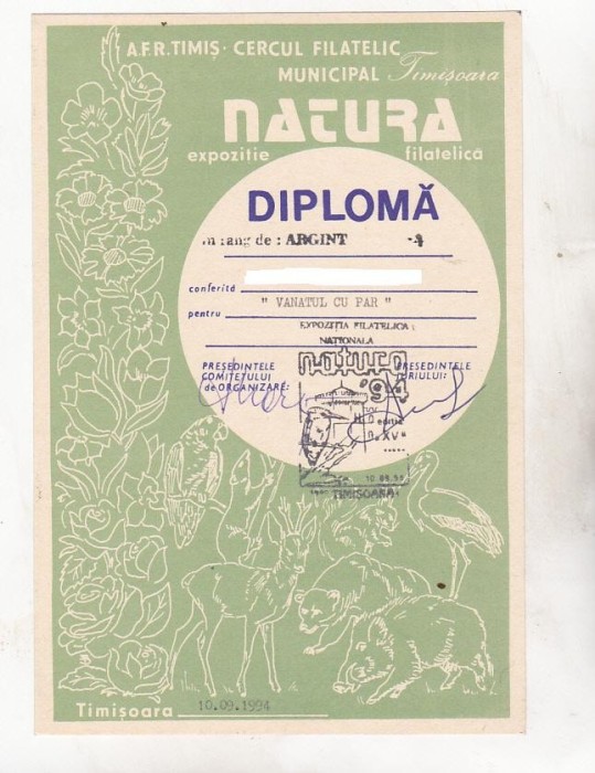 bnk fil Diploma Expozitia filatelica Natura Timisoara 1994