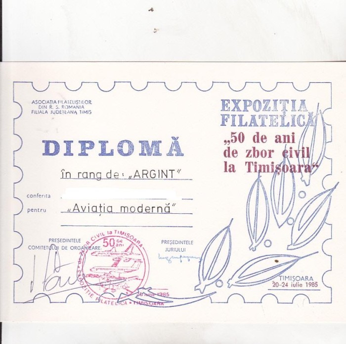 bnk fil Diploma Expo fil 50 de ani de zbor civil Timisoara 1985