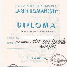 bnk fil Diploma Expozitia filatelica Aripi romanesti Buzau 1986